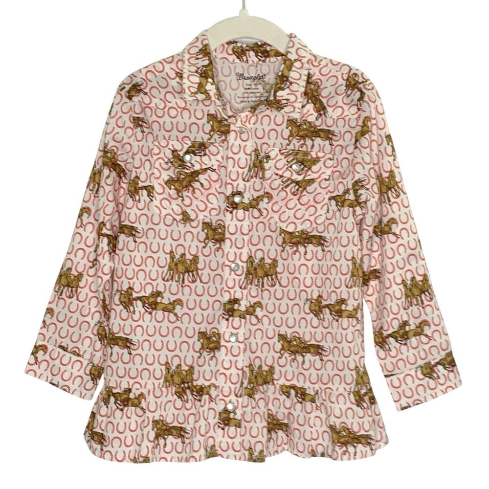 Wrangler Girls Ruffle Hem Western Snap Shirt 4T Horse Rodeo Horseshoe
